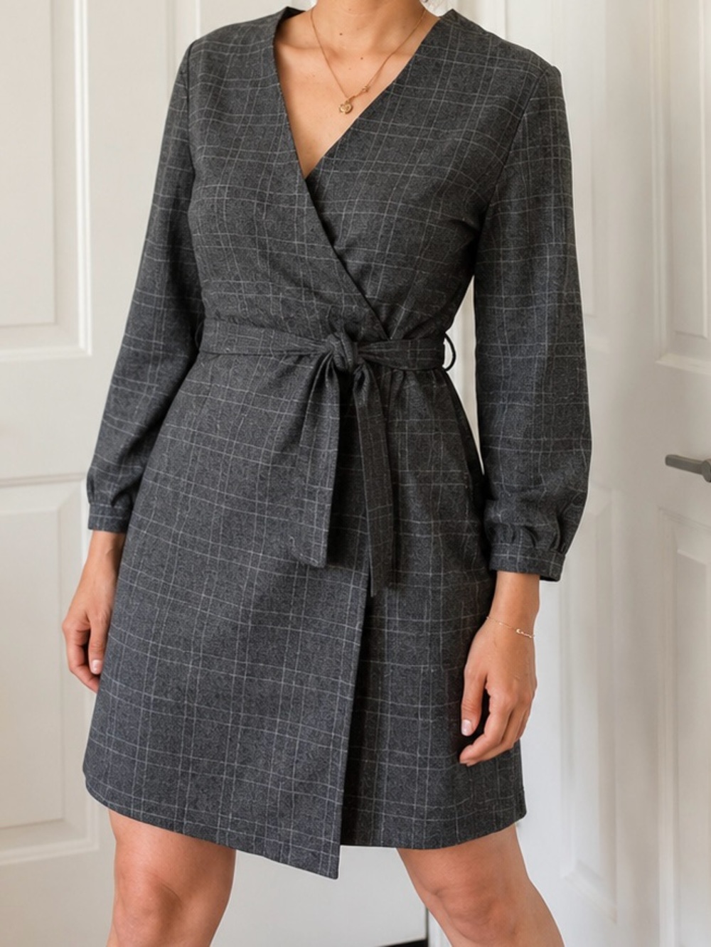 Mango Charcoal Gray Plaid Wrap Dress with Tie Waist